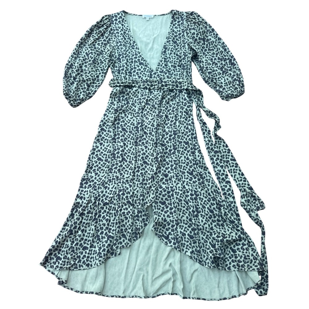 Good American Wrap Dress Women 2 Green Animal Print Leopard Midi Excellent
